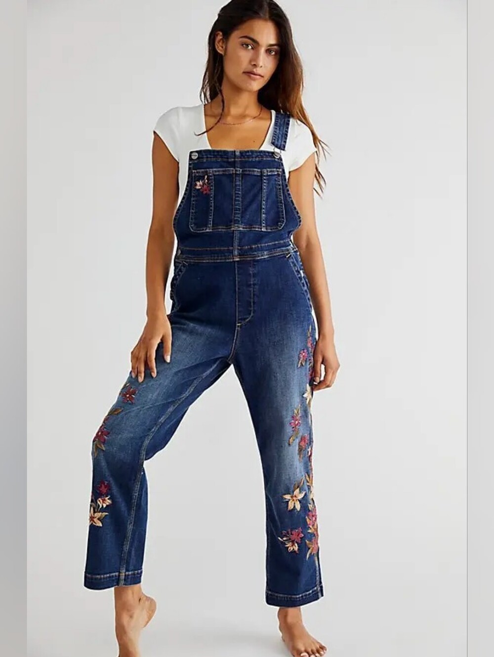 Driftwood Boyfriend Overalls Blue Denim Floral Embroidery Trim Womens Size Large - Picture 2 of 16